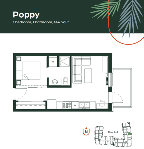 Floor plan for 1 bed, 1 bath, 444 sqft